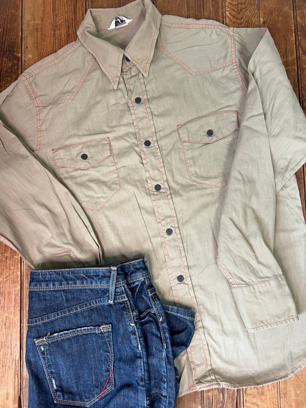 Vintage 70s men’s Landlubber Shirt snap buttons long sleeve western style tan